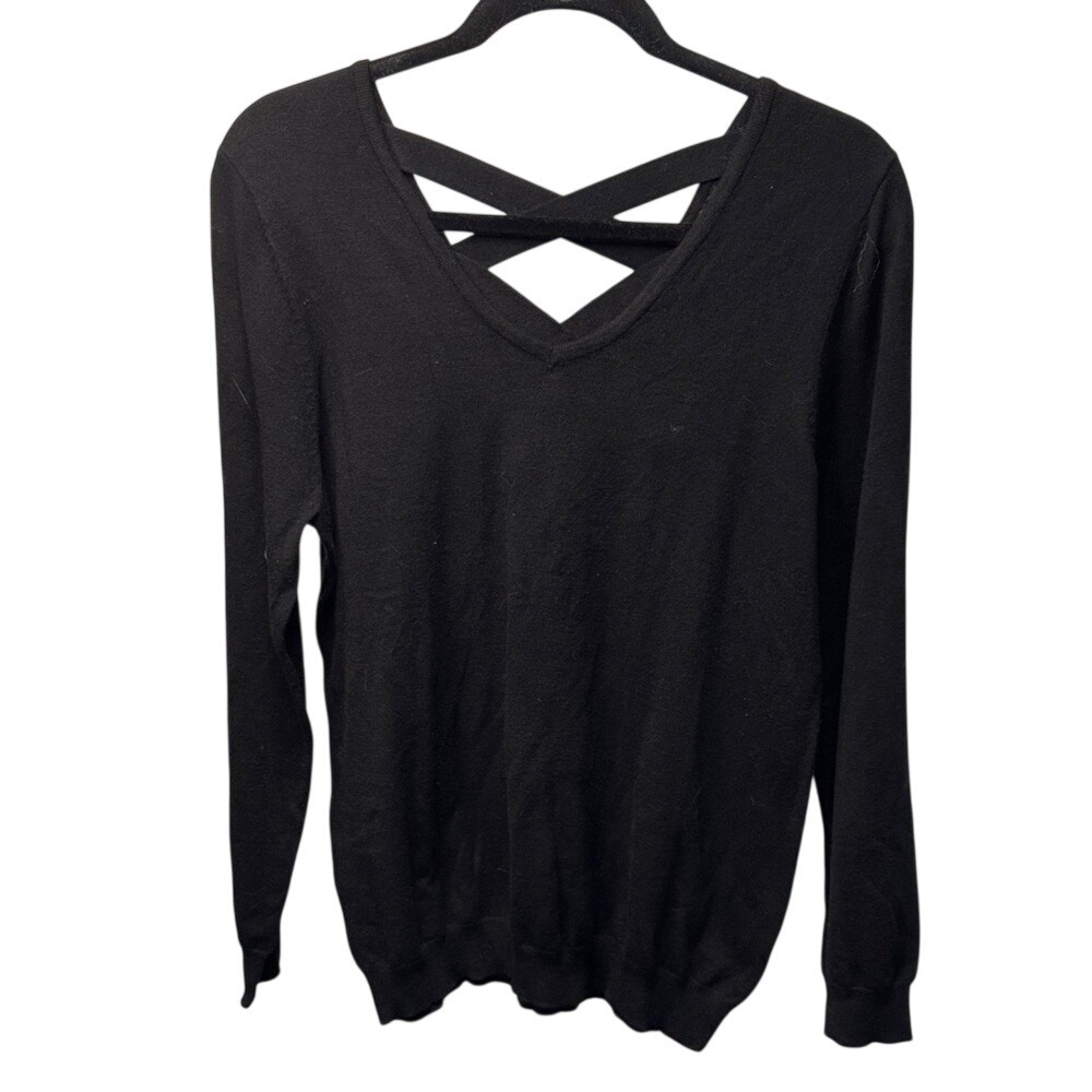 Love Ellie Mia Back Detail Pullover Black V-Neck Lattice Strappy Sweater Large
